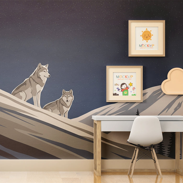 Kids' Room Wallpaper | Majestic Wolves Under a Starry Sky