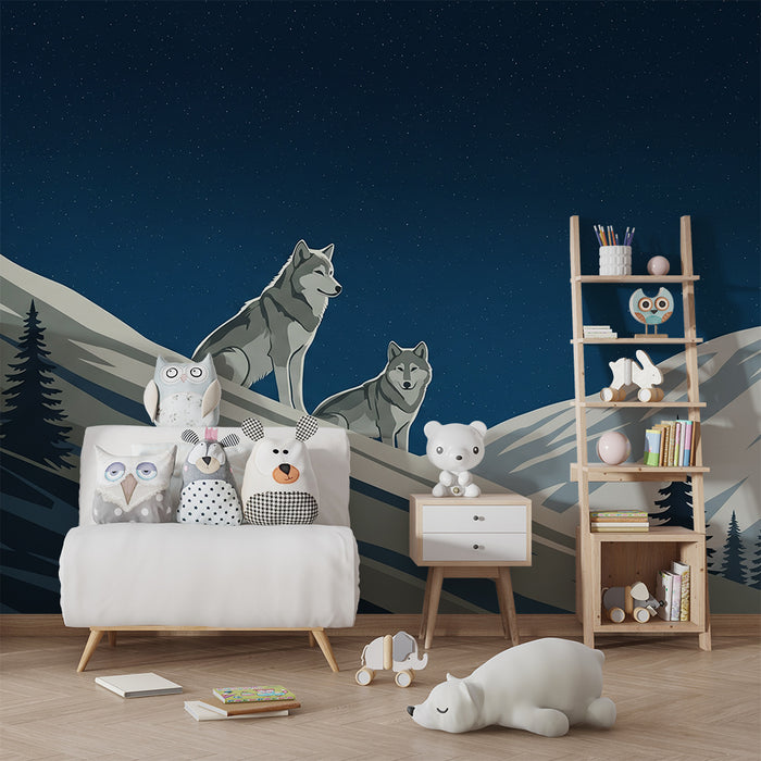 Kids' Room Wallpaper | Majestic Wolves Under a Starry Sky