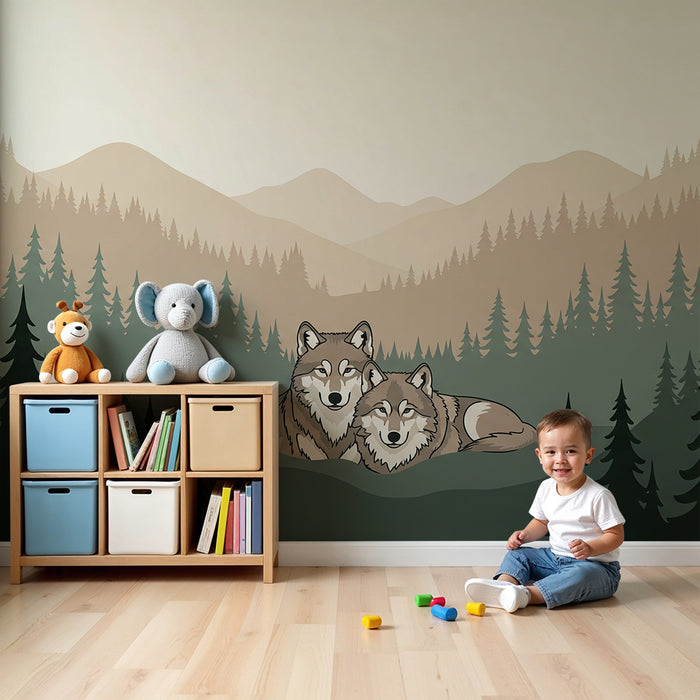 Kinderzimmer-Tapete | Sanfte Wölfe im Nadelwald