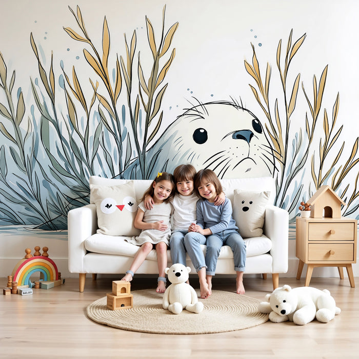Papier peint chambre enfant | Loutre curieuse sous les algues marines