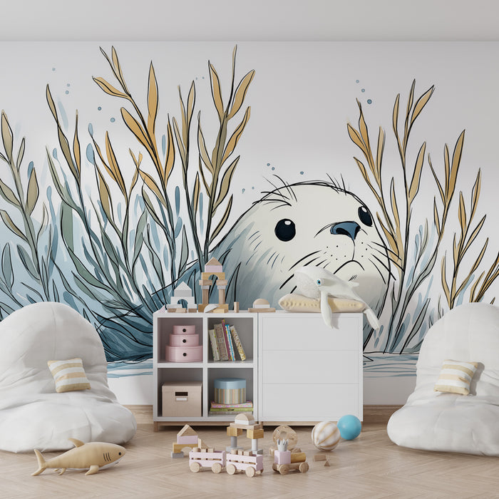 Papier peint chambre enfant | Loutre curieuse sous les algues marines