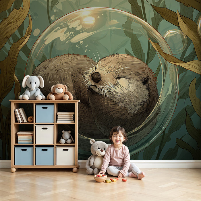 Kinderzimmer Tapete | Schläfriger Otter in einer Unterwasserblase