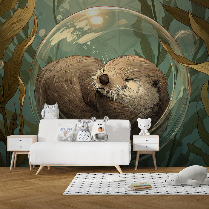 Kinderzimmer Tapete | Schläfriger Otter in einer Unterwasserblase