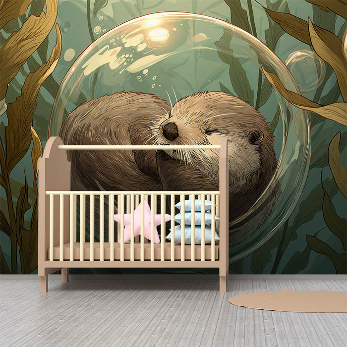 Kinderzimmer Tapete | Schläfriger Otter in einer Unterwasserblase