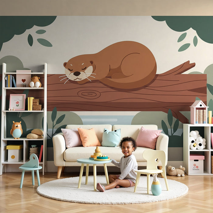 **Schlafzimmer Kinder Tapete | Schlafende Otter auf einem Ast am Wasser**