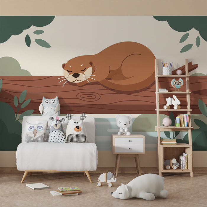 **Schlafzimmer Kinder Tapete | Schlafende Otter auf einem Ast am Wasser**