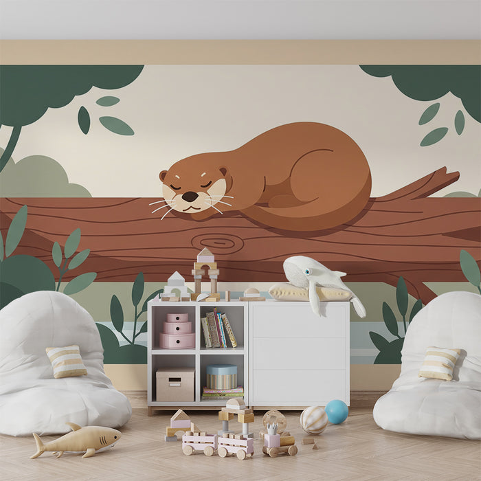 **Schlafzimmer Kinder Tapete | Schlafende Otter auf einem Ast am Wasser**