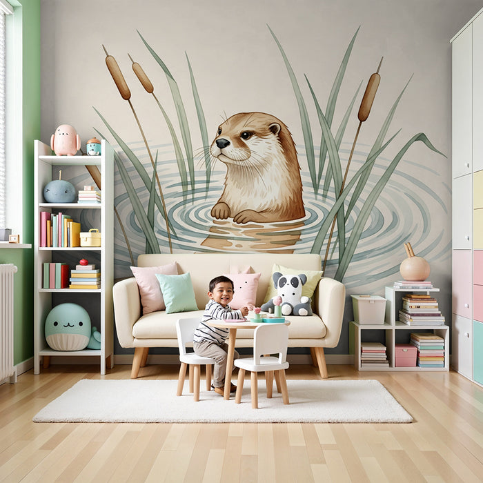 Papier peint chambre enfant | Loutre espiègle au milieu des roseaux