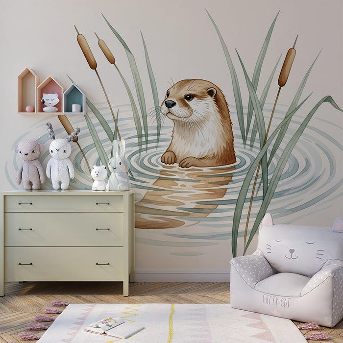 Papier peint chambre enfant | Loutre espiègle au milieu des roseaux