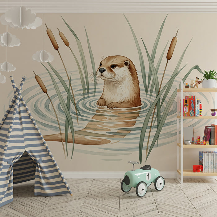 Papier peint chambre enfant | Loutre espiègle au milieu des roseaux