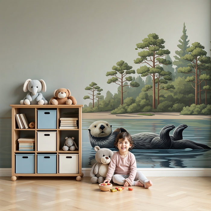 Behang kinderkamer | Speelse otter in een natuurlijk landschap