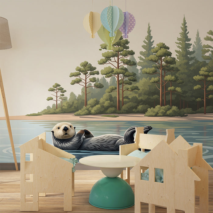 Behang kinderkamer | Speelse otter in een natuurlijk landschap