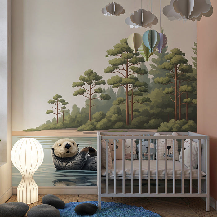 Behang kinderkamer | Speelse otter in een natuurlijk landschap