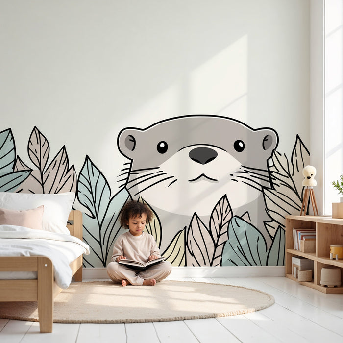 Papier peint chambre enfant | Loutre et feuillage tropical