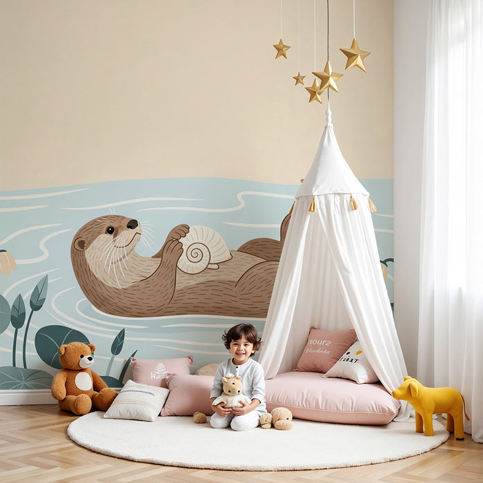 **Text tradus:**

Tapet cameră copii | Vidră se joacă cu o scoică într-un decor acvatic liniștitor