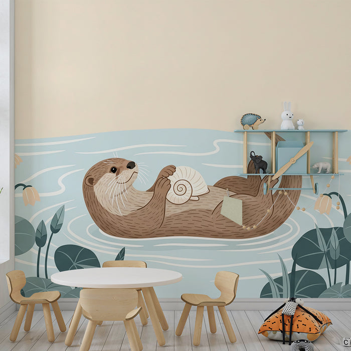 **Text tradus:**

Tapet cameră copii | Vidră se joacă cu o scoică într-un decor acvatic liniștitor