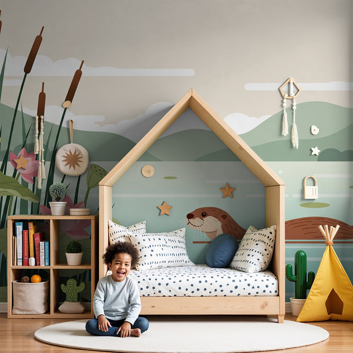 Kinderzimmer Tapete | Fröhlicher Otter zwischen Seerosen und Schilf