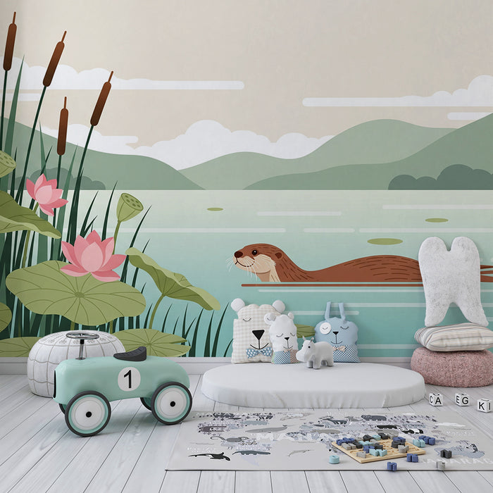Kinderzimmer Tapete | Fröhlicher Otter zwischen Seerosen und Schilf