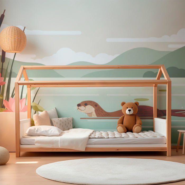 Kinderzimmer Tapete | Fröhlicher Otter zwischen Seerosen und Schilf