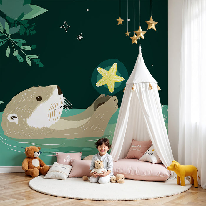 Kinderzimmer Tapete | Fröhlicher Otter mit Seestern unter einem sternenklaren Himmel