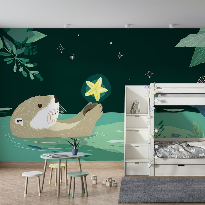 Kinderzimmer Tapete | Fröhlicher Otter mit Seestern unter einem sternenklaren Himmel