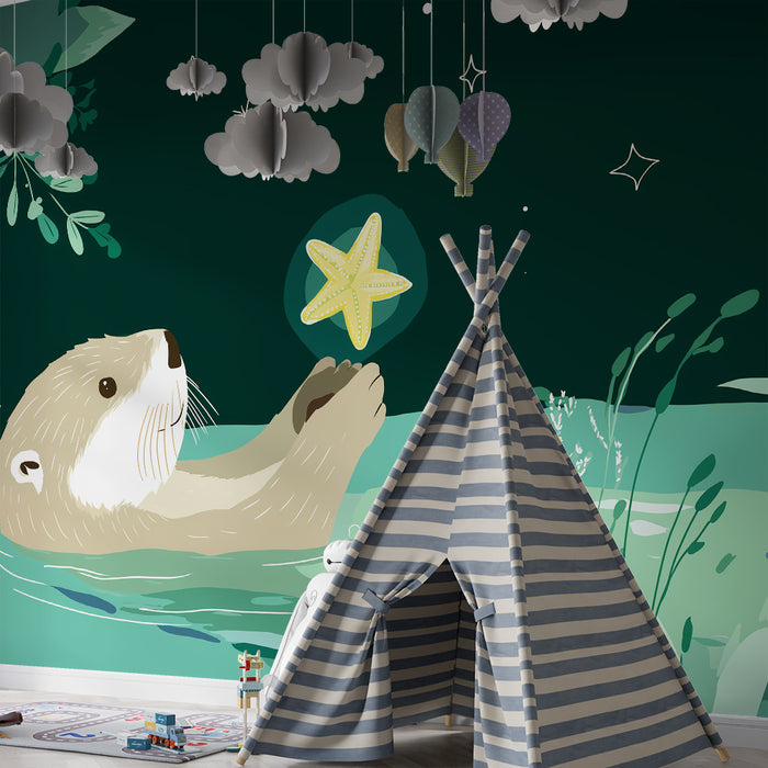 Kinderzimmer Tapete | Fröhlicher Otter mit Seestern unter einem sternenklaren Himmel