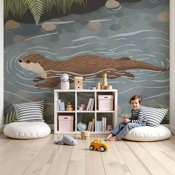 Children's bedroom wallpaper | Otter swimming in a stream surrounded by ferns