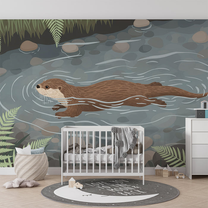 Children's bedroom wallpaper | Otter swimming in a stream surrounded by ferns