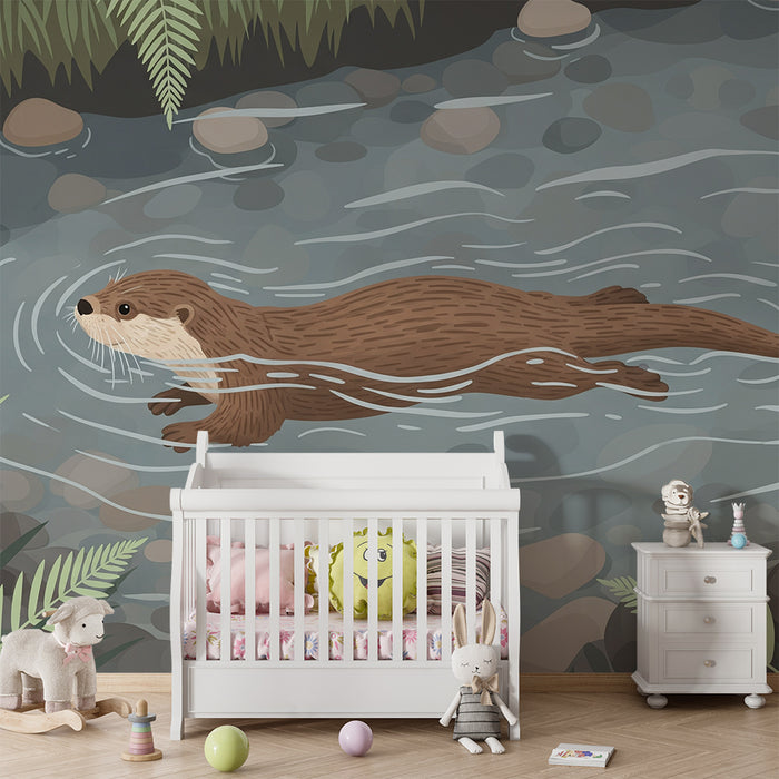 Children's bedroom wallpaper | Otter swimming in a stream surrounded by ferns