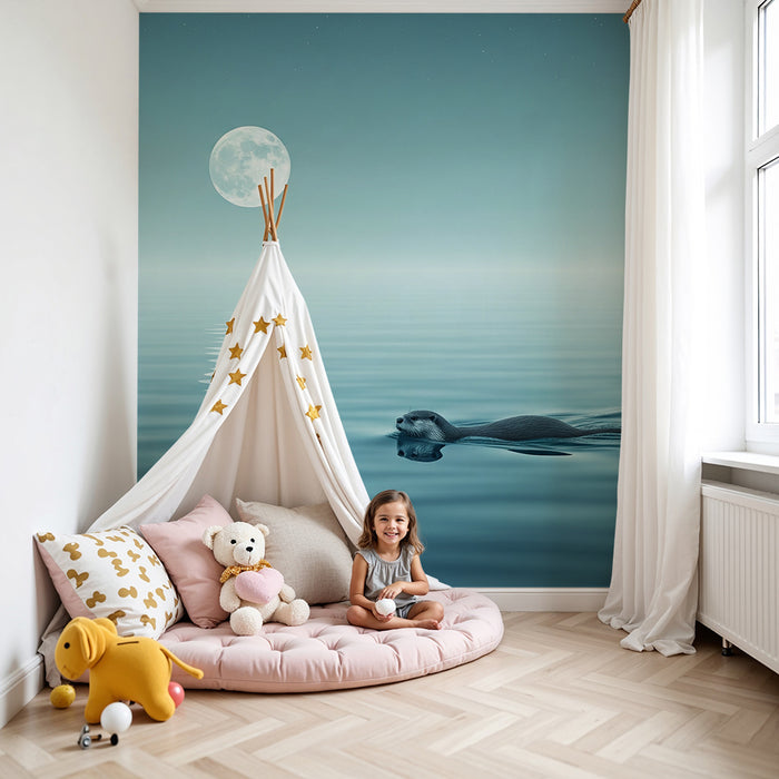 Papier peint chambre enfant | Loutre nageant sous la lune dans un paysage apaisant