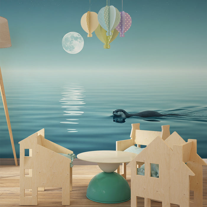 Papier peint chambre enfant | Loutre nageant sous la lune dans un paysage apaisant