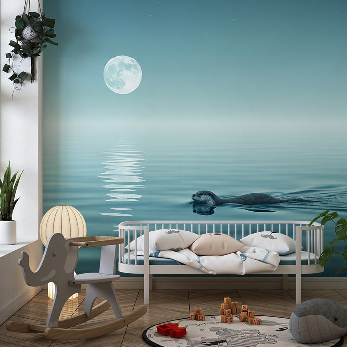 Papier peint chambre enfant | Loutre nageant sous la lune dans un paysage apaisant