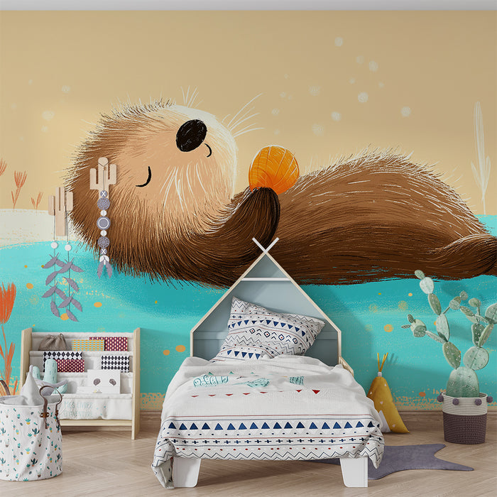 Kinderkamer behang | Rustige otter drijvend op het water met een schelp