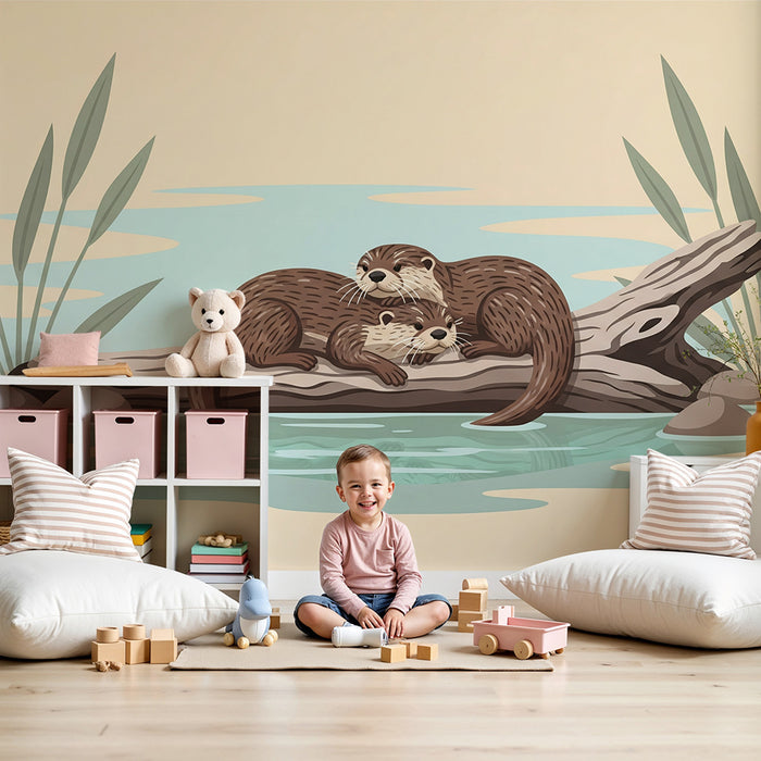 Papel pintado infantil | Nutrias adorables descansando en un tronco junto al agua