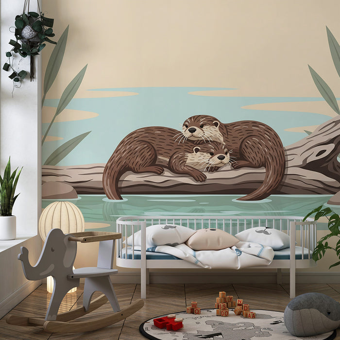 Papel pintado infantil | Nutrias adorables descansando en un tronco junto al agua