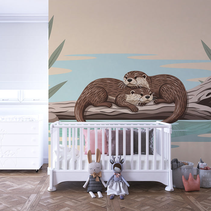 Papel pintado infantil | Nutrias adorables descansando en un tronco junto al agua