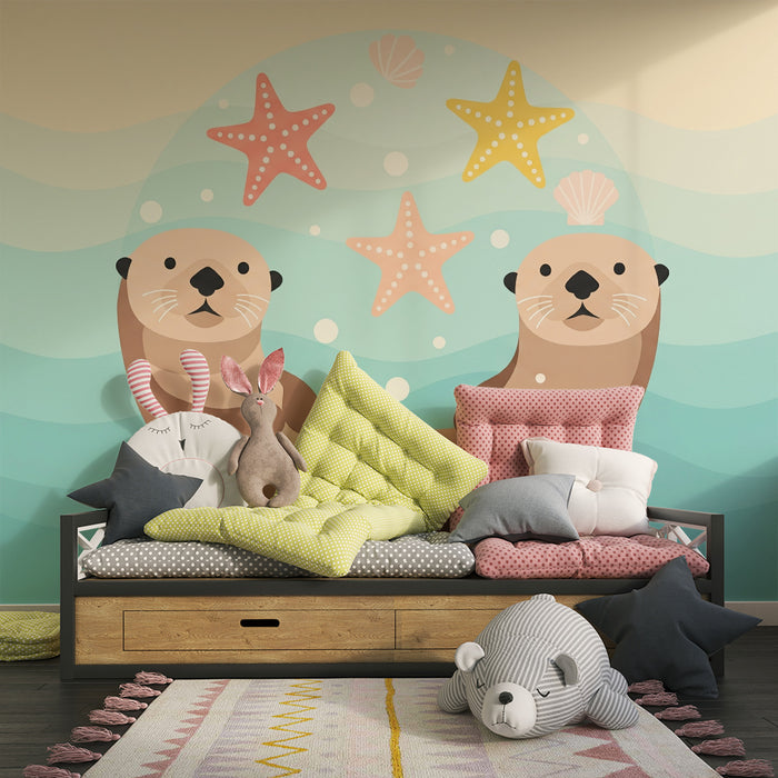 Kinderkamer behang | Grappige otters en zeesterren in een rustgevende oceaan