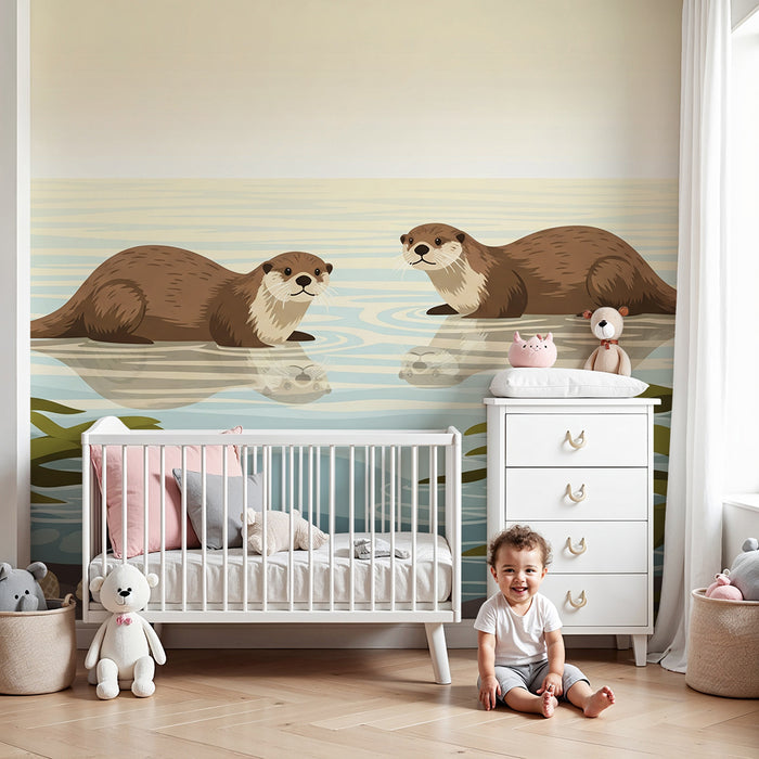 Papier peint chambre enfant | Loutres espiègles dans un paysage aquatique apaisant