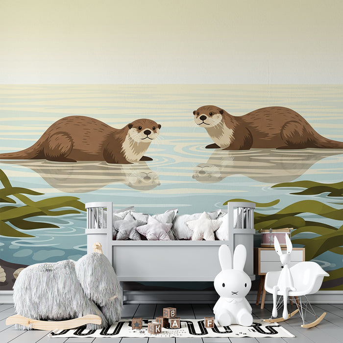 Papier peint chambre enfant | Loutres espiègles dans un paysage aquatique apaisant