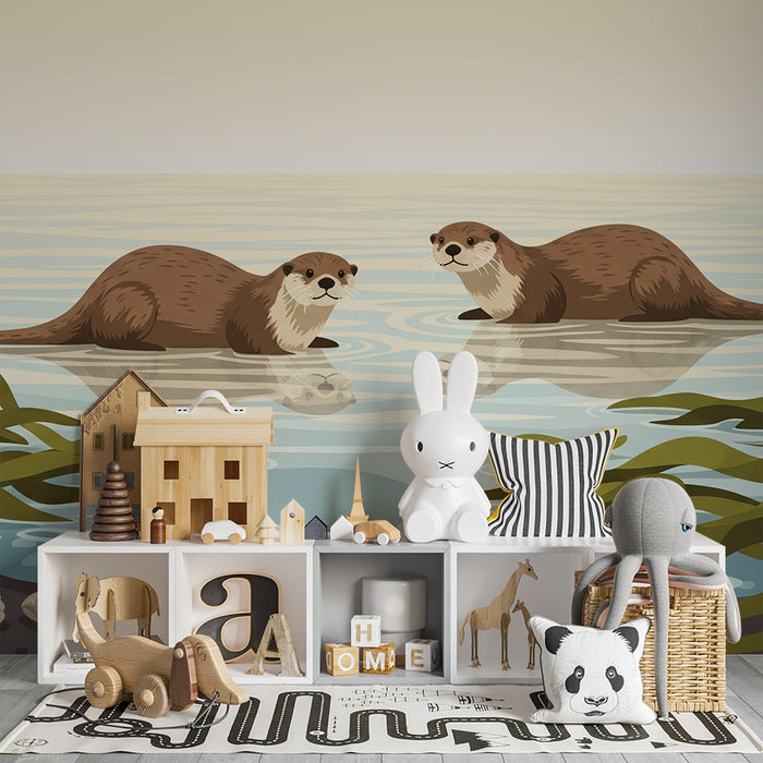 Papier peint chambre enfant | Loutres espiègles dans un paysage aquatique apaisant