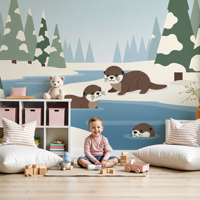 Kids' bedroom wallpaper | Playful otters in winter