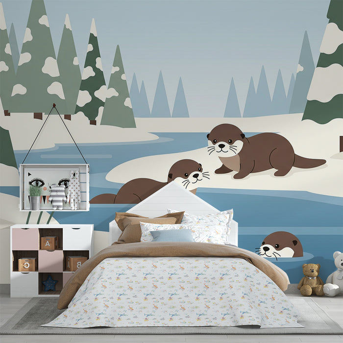 Kids' bedroom wallpaper | Playful otters in winter
