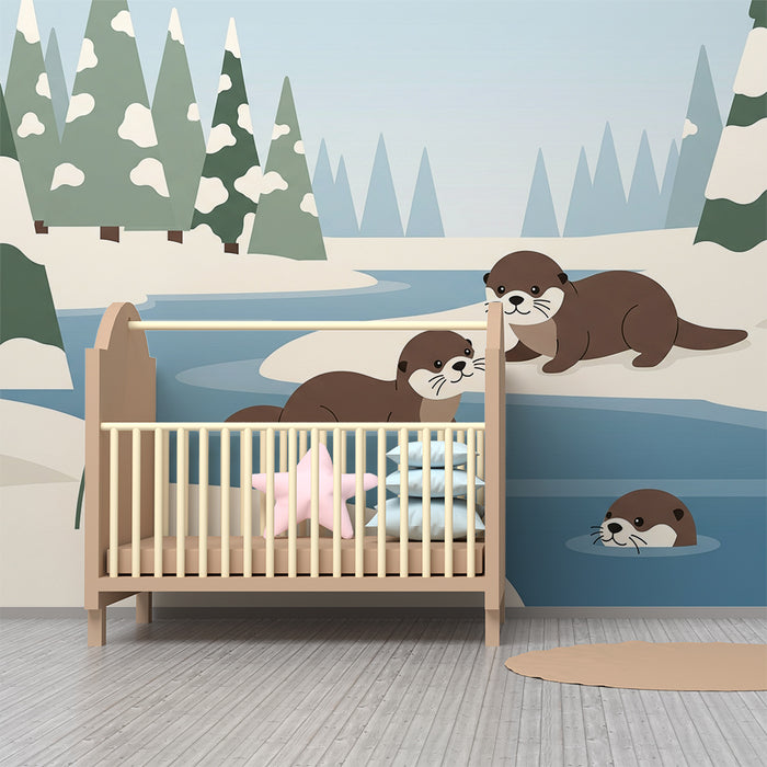 Kids' bedroom wallpaper | Playful otters in winter