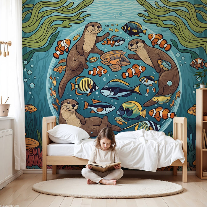 Kinderkamer behang | Vesele vidre in pisani ribe v podvodnem svetu