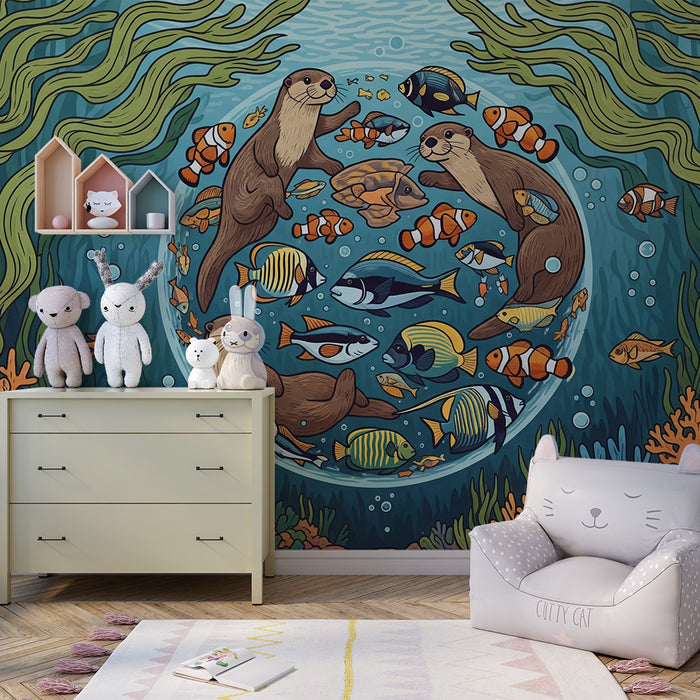 Kinderkamer behang | Vesele vidre in pisani ribe v podvodnem svetu