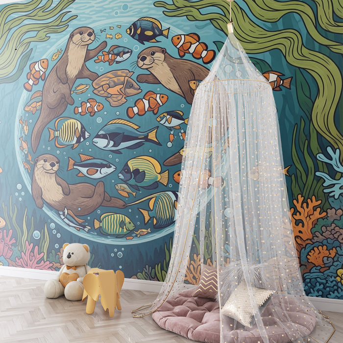 Kinderkamer behang | Vesele vidre in pisani ribe v podvodnem svetu