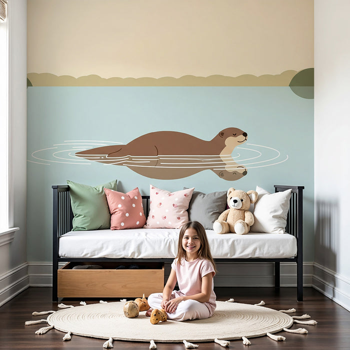 Children's bedroom wallpaper | Joyful otters swimming in a peaceful lake