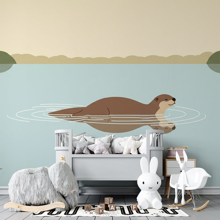 Children's bedroom wallpaper | Joyful otters swimming in a peaceful lake