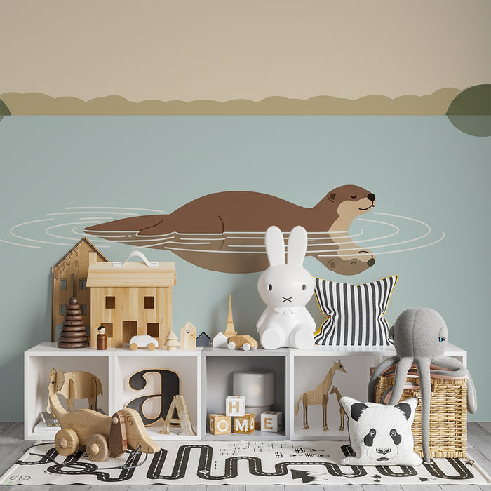 Children's bedroom wallpaper | Joyful otters swimming in a peaceful lake