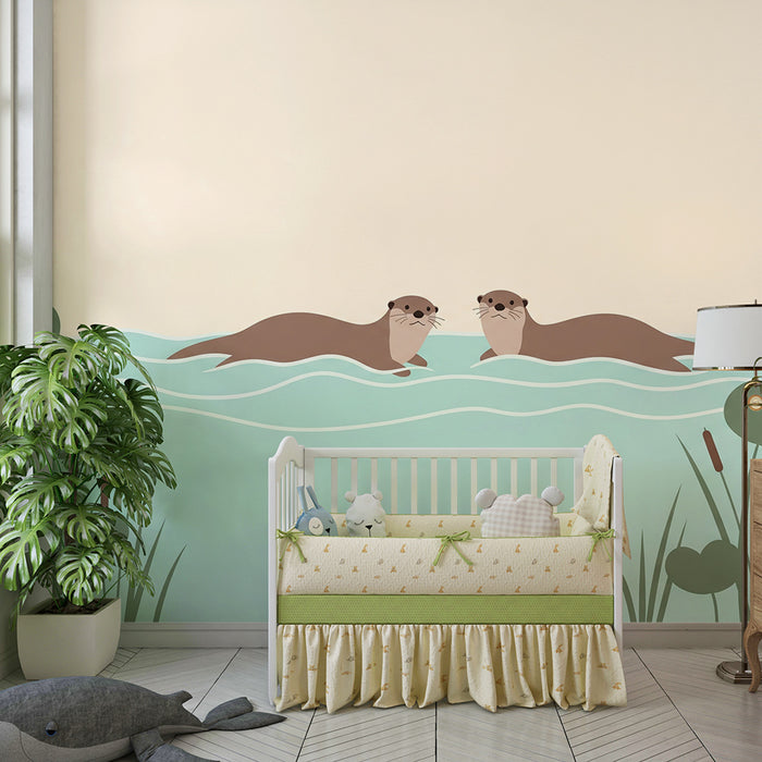 **Tapete Kinderzimmer | Fröhliche Otter schwimmen im ruhigen Wasser**